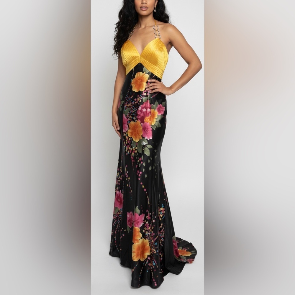 Tropical Floral Satin Halter Gown Formal Prom Open Back Built in Bra